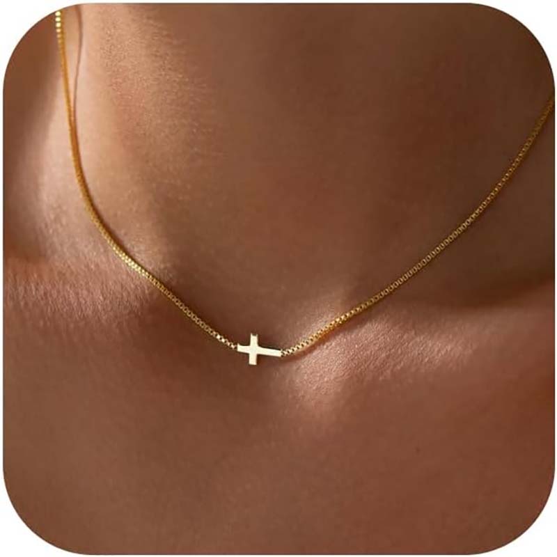 Korshalsband för kvinnor 14K äkta guld Silverpläterad läcker Litet korshänge Choker Enkelt Trendigt Söt Kors Charmkedja Halsband Trosmycken Religiös Minimalistisk gåva