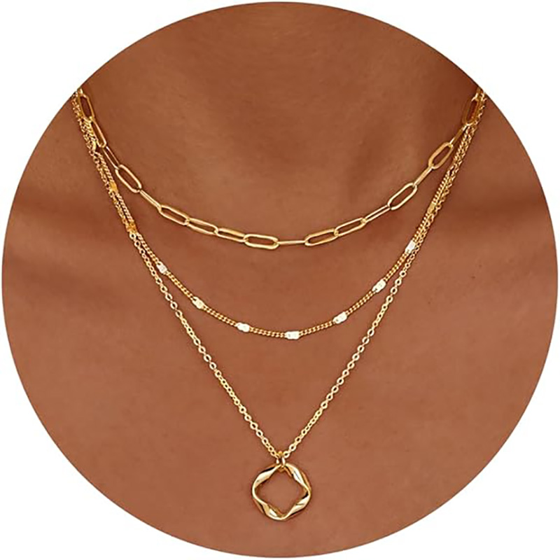 Minimalistisk dubbel-Lagerhalsband 4K Guld Silverpläterat Trendigt Cirkel Gem Kedja Hänge Choker Halsband, Enkelt Guld Diamant Korsbåge Smyckesset Gåvor för kvinnor