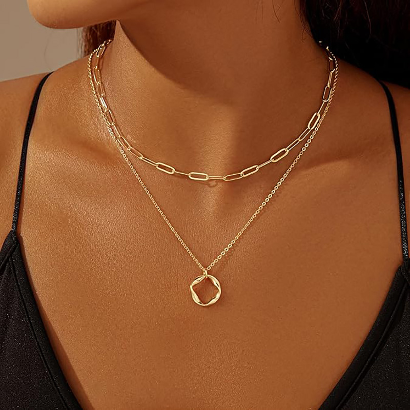 Minimalistisk dubbel-Lagerhalsband 4K Guld Silverpläterat Trendigt Cirkel Gem Kedja Hänge Choker Halsband, Enkelt Guld Diamant Korsbåge Smyckesset Gåvor för kvinnor