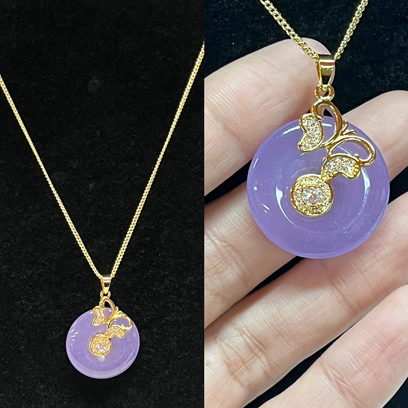 Lavendel Serenity Jade och Gold Cherry Blossom Pendant Halsband med kubiska zirkonium