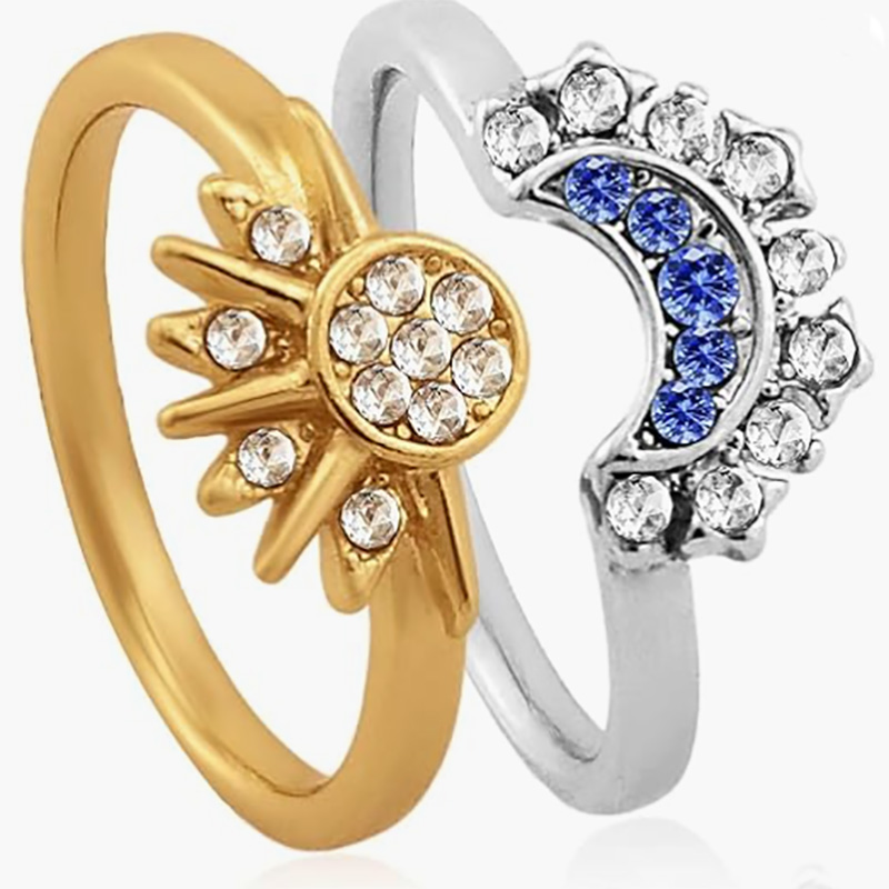 Celestial Sun and Moon justerbar ring - 18k guld & Platina pläterad kopparlegering öppen-Bandring med vit & Blå kubiska zirkoniumor för astrologivare och elegant modekläder