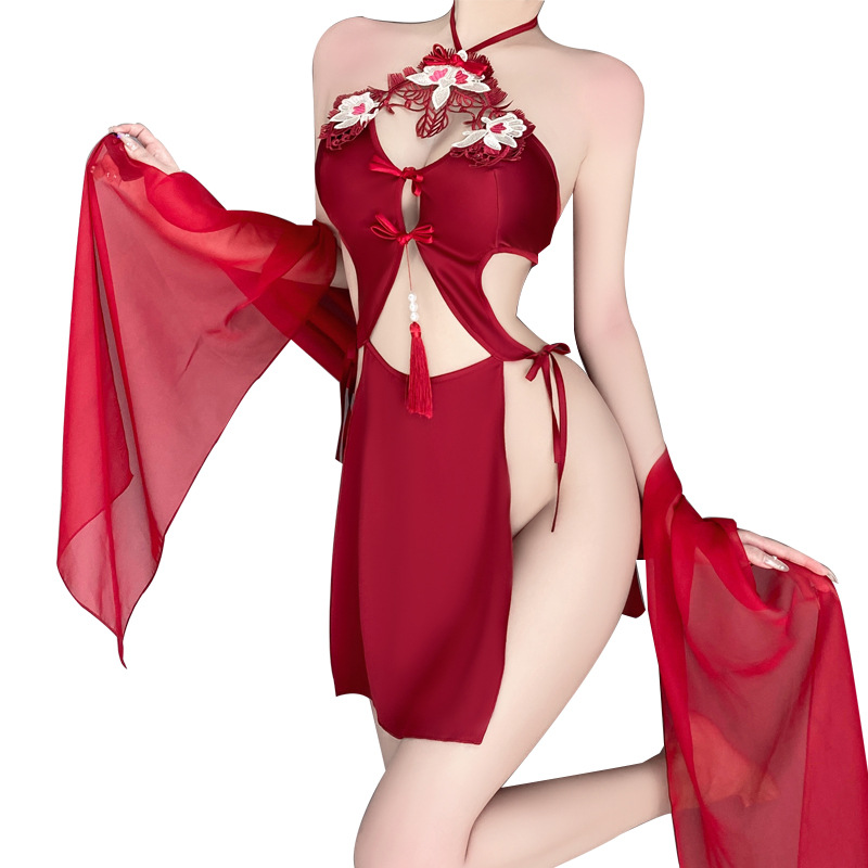 Retro - Style Sexig underkläderuppsättning för kvinnor: Halter -nacke med slips - upp detaljer, delikat broderi, ren - ännu - lockande stil, ihålig - Ut och rygglös design, i uniform - Inspirerad look 4291 Price:$169.99