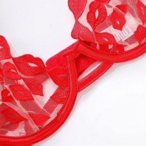 Sexig underkläder - ultra-Tunn, med röda läppbroderier och spetsar. Det\\S en bh -uppsättning för stora bröst som får dem att se mindre ut och förhindrar att det saggar W7229 -priset:$219.99