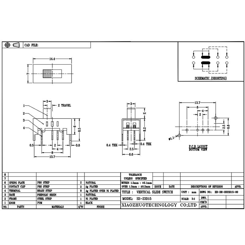 Slide Switch SS23D15 Flashlight Mini Toy Glid Band Switch