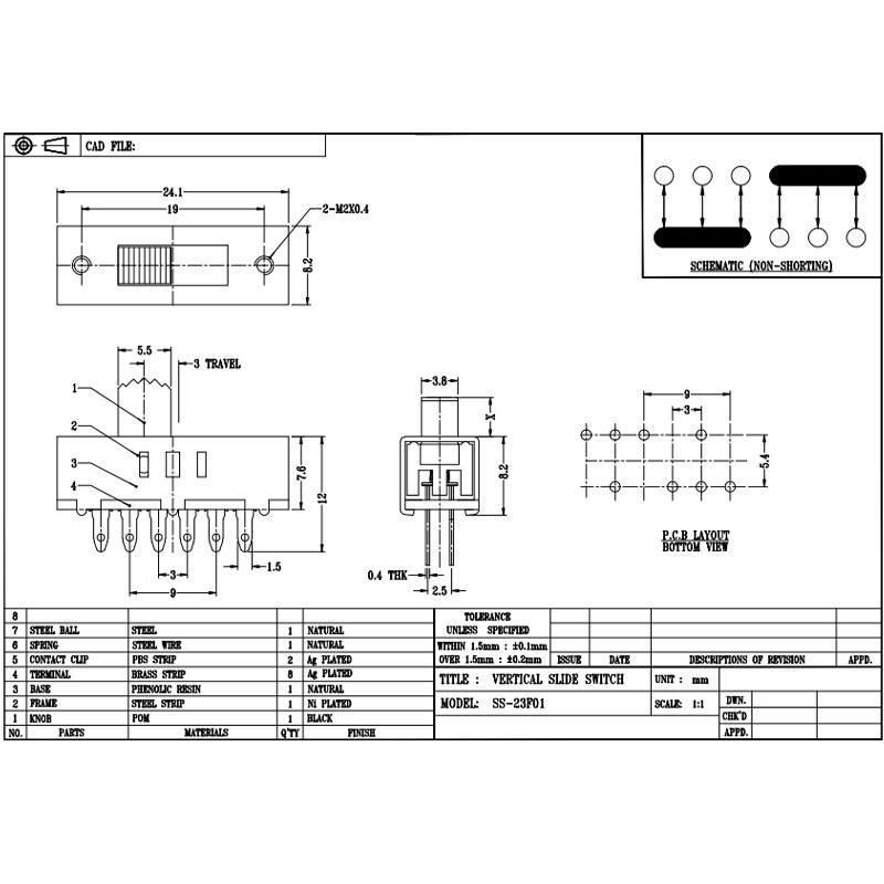 Slide switch ss23f10 tre-hastighetsskjutbrytare för LED -ljusfärgstemperaturjustering och hög-Snabbtorkmotor