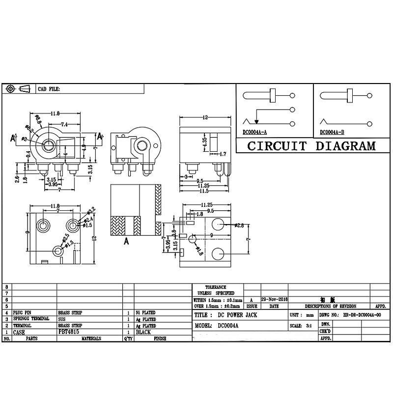 DC Socket DC-0004a, små hushållsapparater för vattenrenare, två-Pin Surface Mount Laddningsuttag med positioneringskolumn