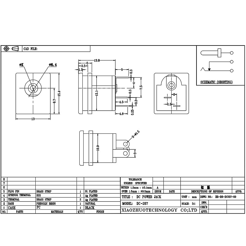 DC Socket DC-207, Direct Insertion Audio Socket, Two-Pin Copper Pin Power Laddningsuttag