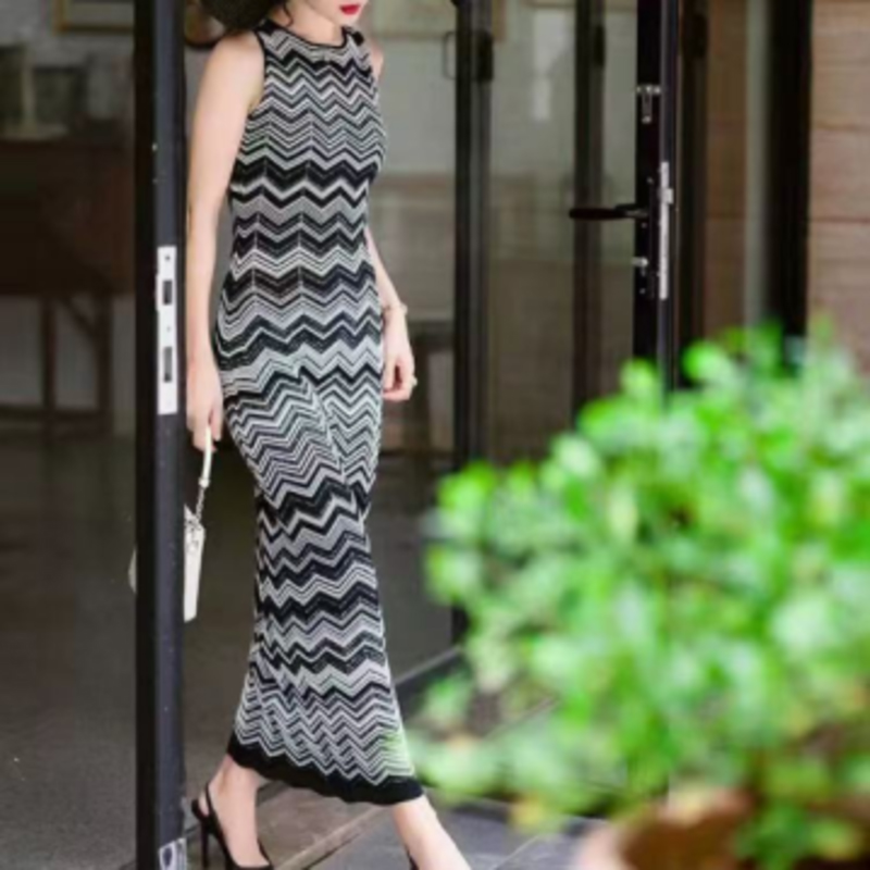 Summer Knit Round Neck Long Sleeve Intercolor Cardigan, V-Neck ärmlös lång stickad randig klänning