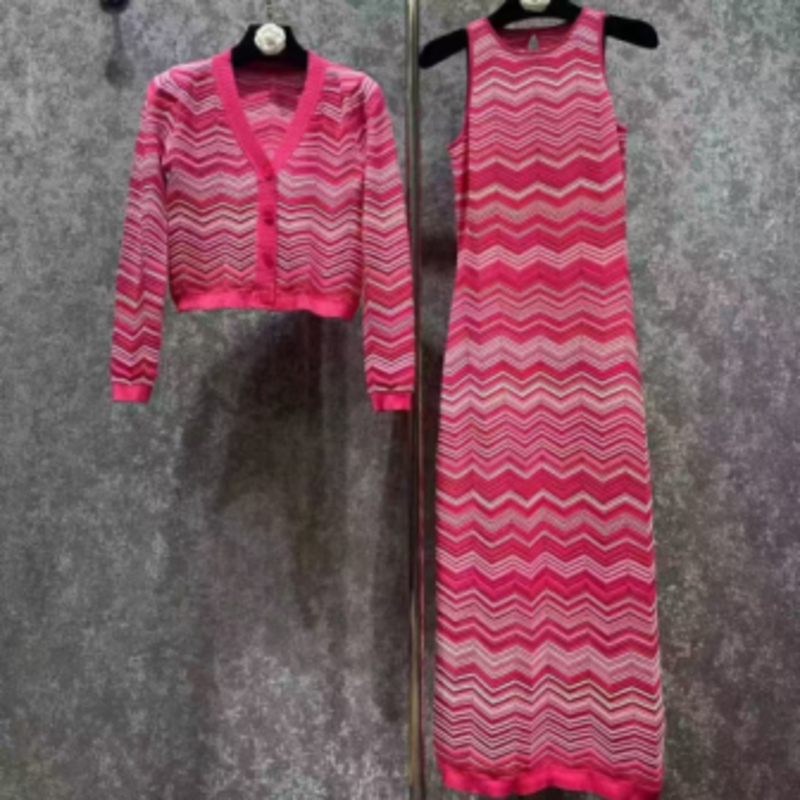 Summer Knit Round Neck Long Sleeve Intercolor Cardigan, V-Neck ärmlös lång stickad randig klänning