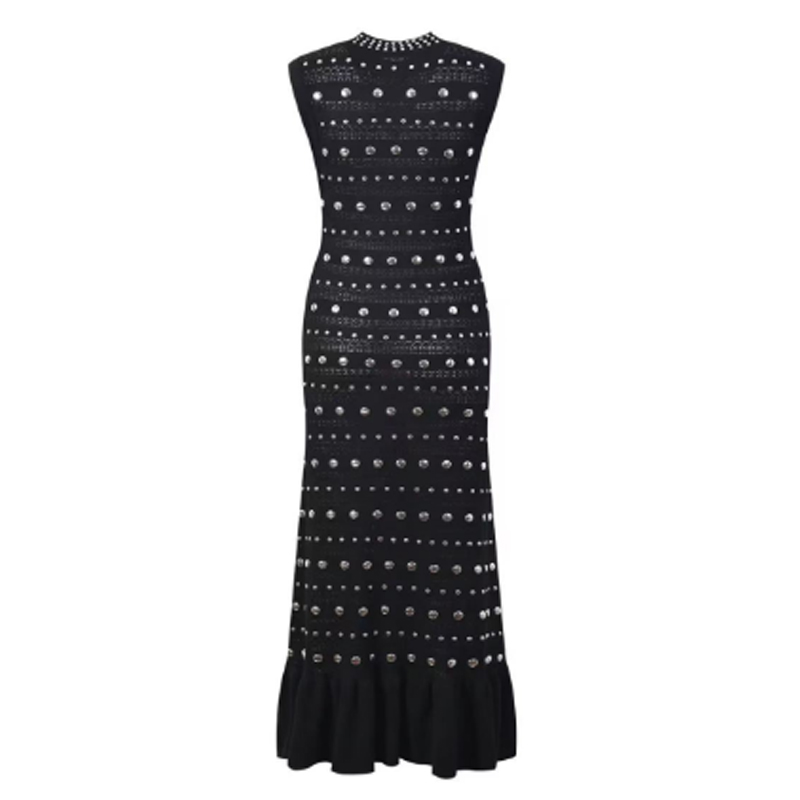 Sommardollars krage ärmlös axel ruffle, metalliska stickade klänningar