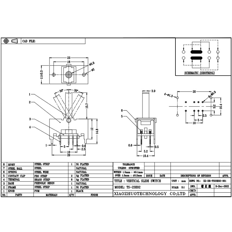 Slide Switch TS23E02, dubbel-rad 8-stift swing switch, brus-avbryta hörlurar och högtalare