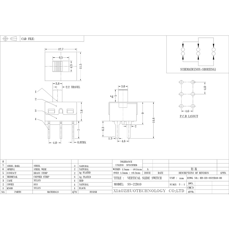 Slide Switch SS22D10 High-Aktuell bildbrytare för medicinska leksaker, ljudutrustning, elektroniska produkter, vertikala och vertikala drag 2-Position Slide Switch
